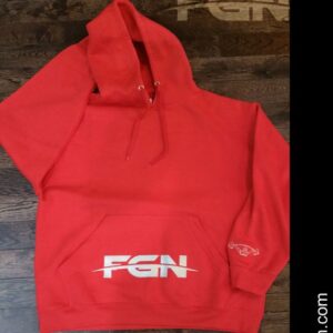 A red hoodie with the word fgn on it.