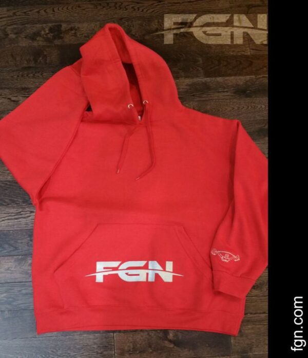 A red hoodie with the word fgn on it.