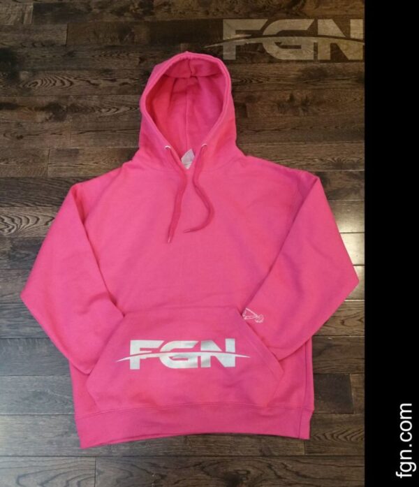 A pink hoodie with the word fgn on it.