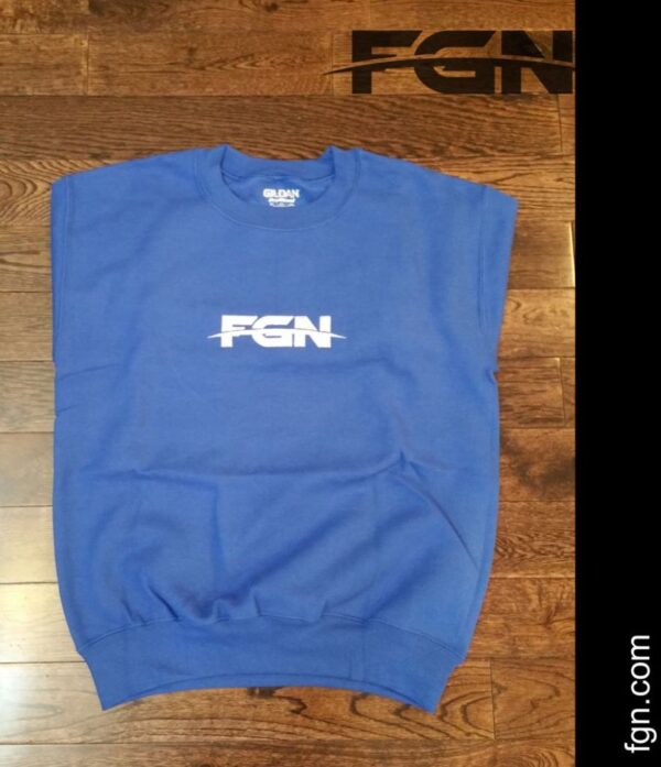 A blue sweatshirt with the word fgn on it.
