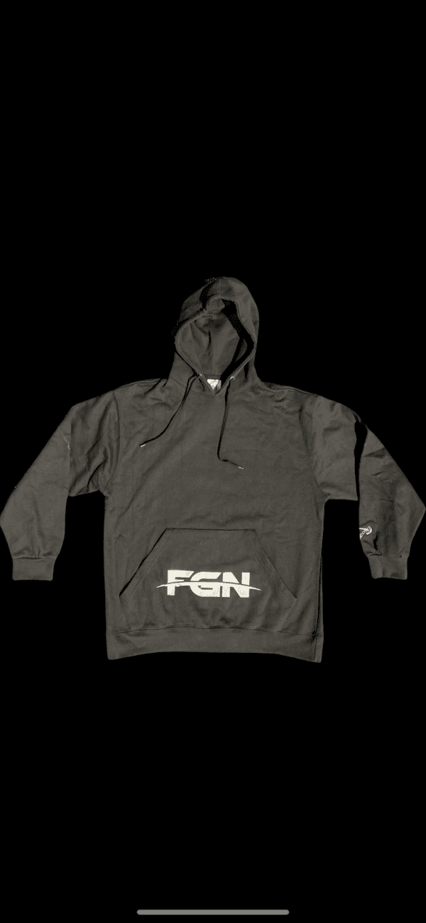 A black hoodie with the word fgn written on it.